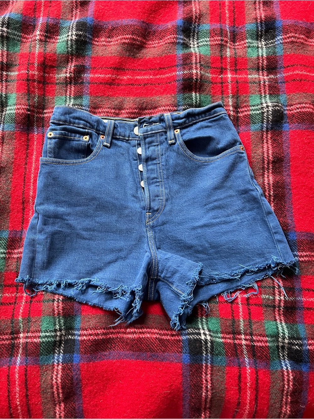 Levi’s Ribcage High-Rise Blue Denim Cutoff Shorts